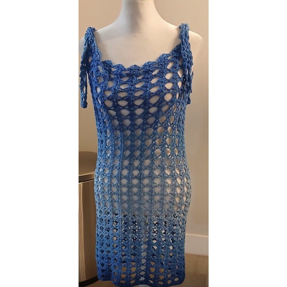Handmade Crochet Cotton Mesh Coverup Dress Womens S/M Blue